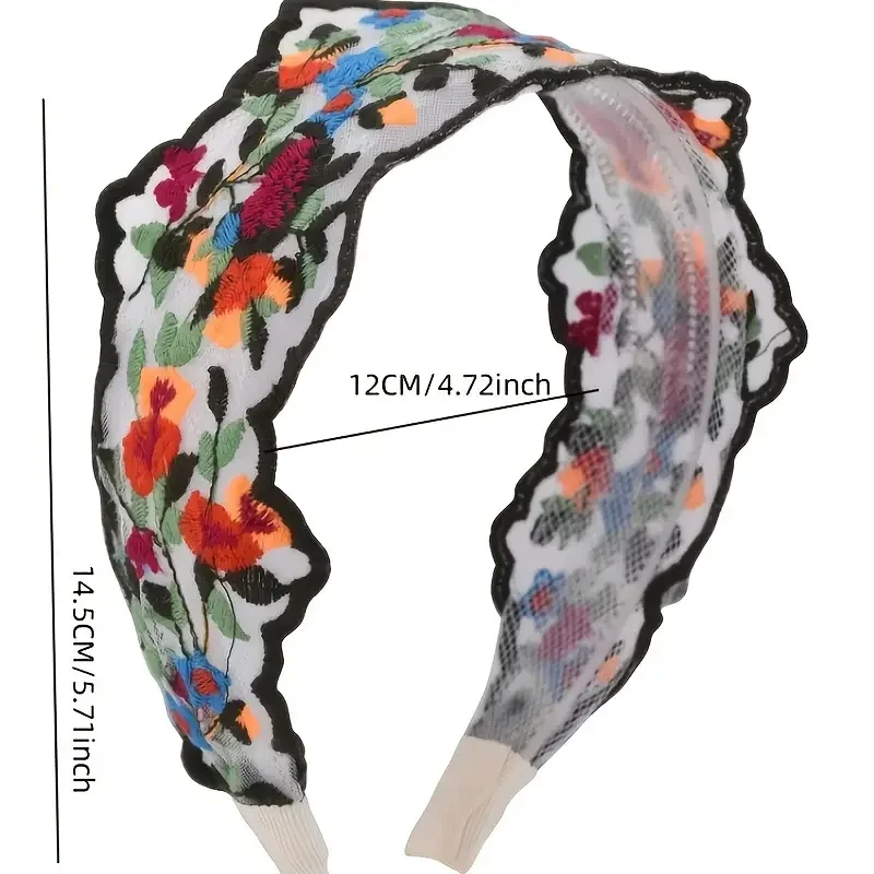 2 Stück Damen-Stirnbänder aus floraler Spitze – Vintage-Böhmische, breite, rutschfeste Netz-Haarbänder mit Kammzähnen, bunte Blumenstickerei – Detail 4