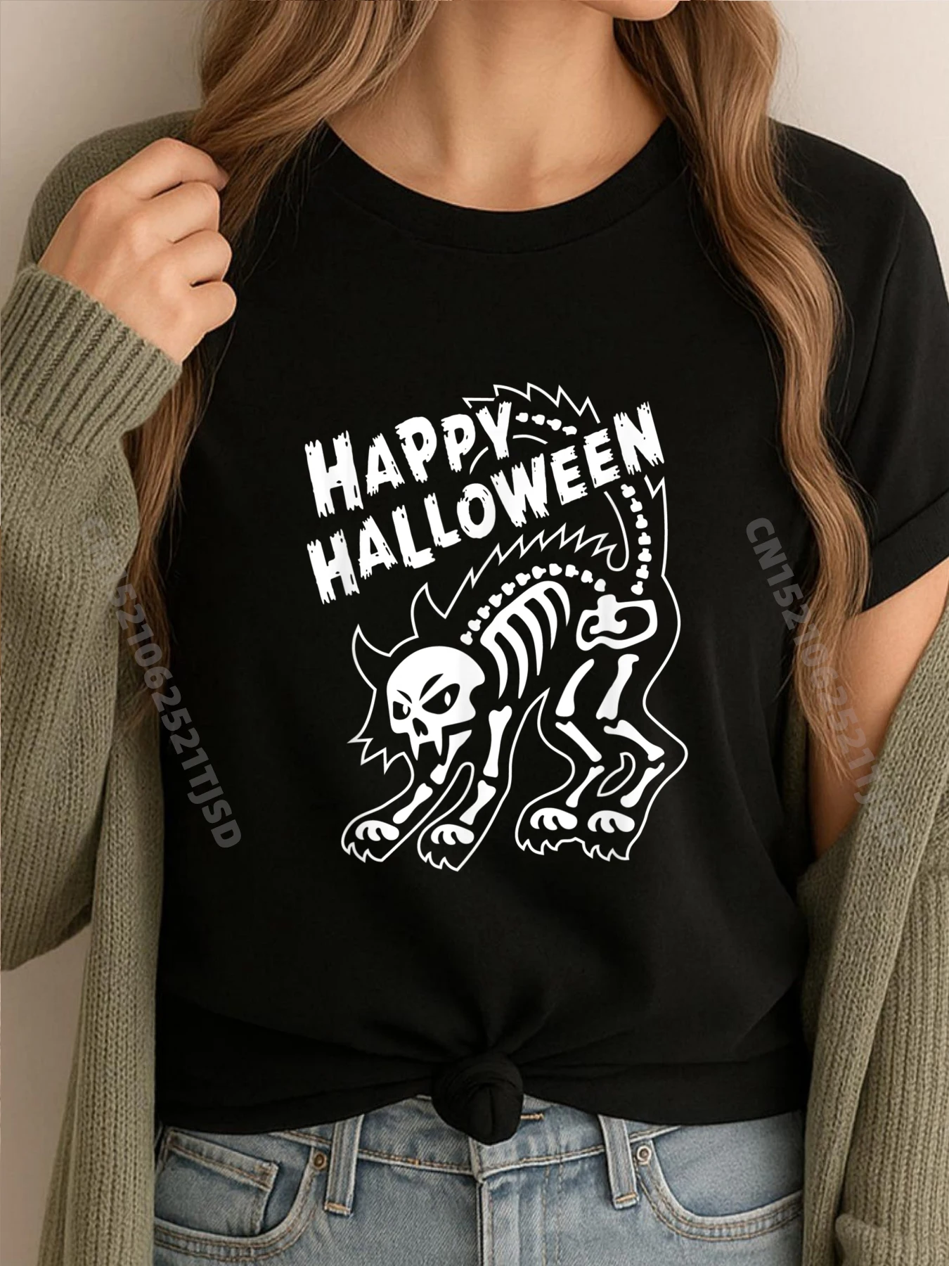 

Женская футболка со скелетом и котом «Счастливый Хэллоуин», 100 шт. ℅ Хлопковые футболки Camiseta Masculina с вымытыми буквами