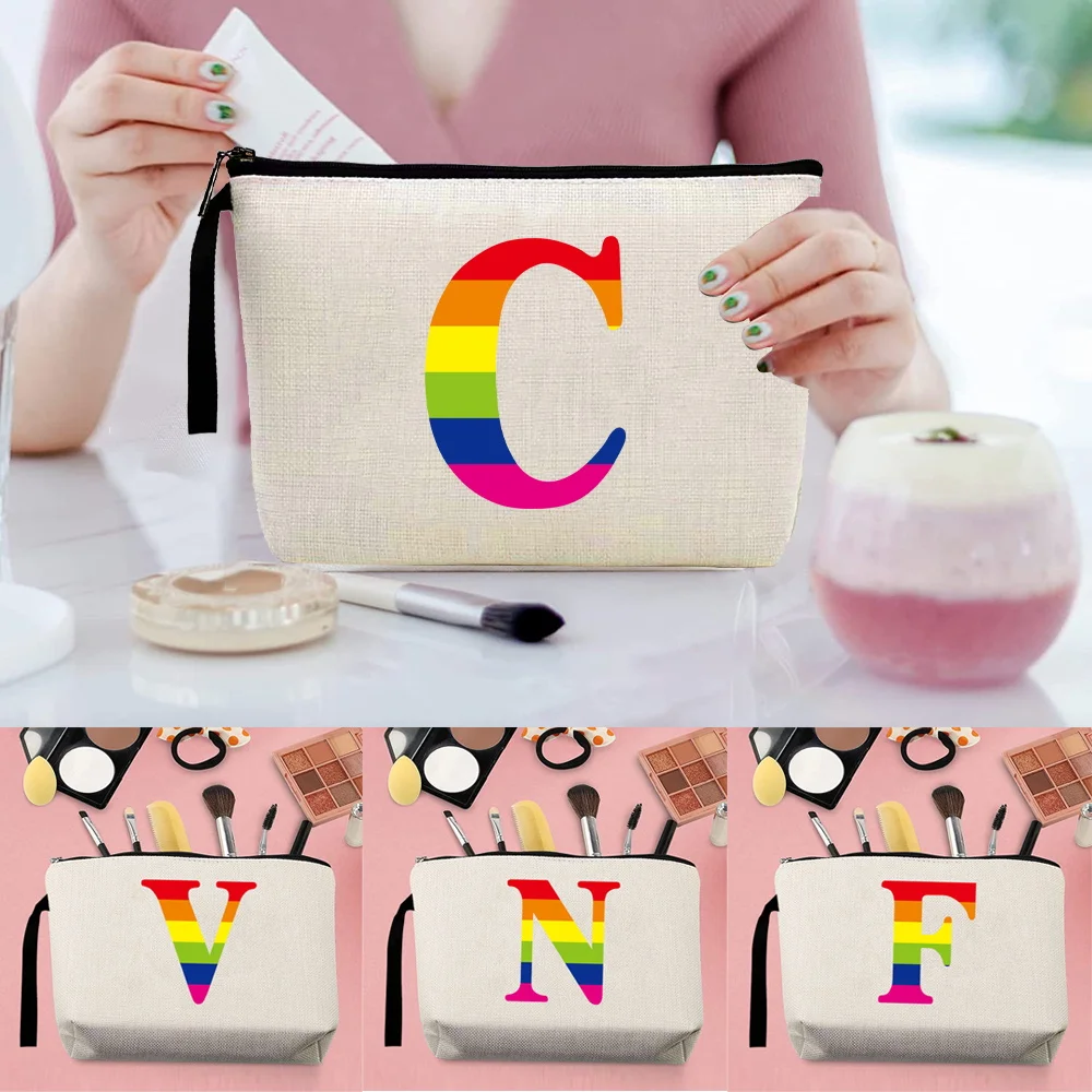 

Cosmetic Case Lady Makeup Bag Toiletry Organizer Pouch Rainbow Lettern Pattern Purse Wedding Wash Clutch Bag Pencil Pouch