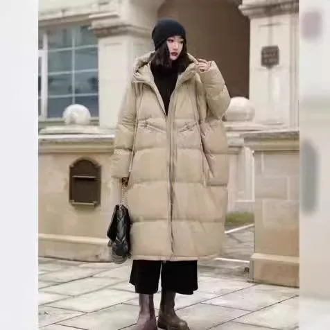Winter 2025 Korean Version of Warm Thick Hooded Long White Duck Down Jacket Commuter Style Women's Coat