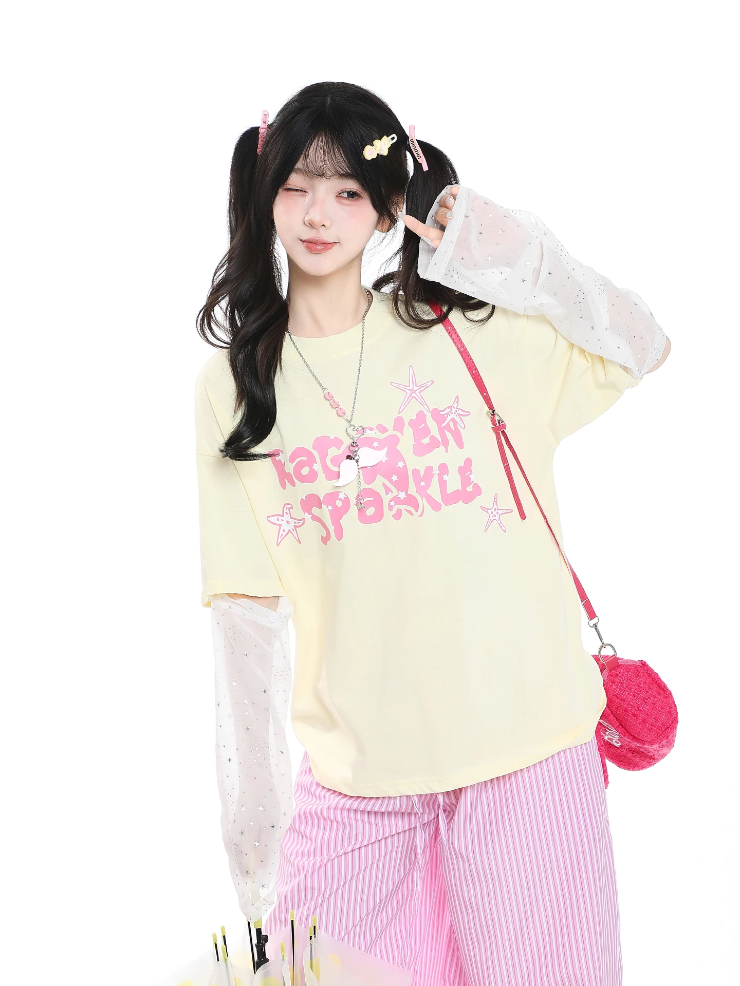 Cute Sweet Cartoon Print round Neck Removable Long Sleeve T-Shirt Women Summer Loose Slimming Top Casual Style Universal Fit