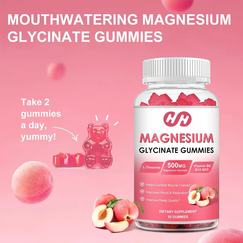 Glycine Magnesium Gummies - Magnesium Complex Supplement Containing Potassium,vitamin D,B6 Sugar Free,60 Peach Magnesium Gummies