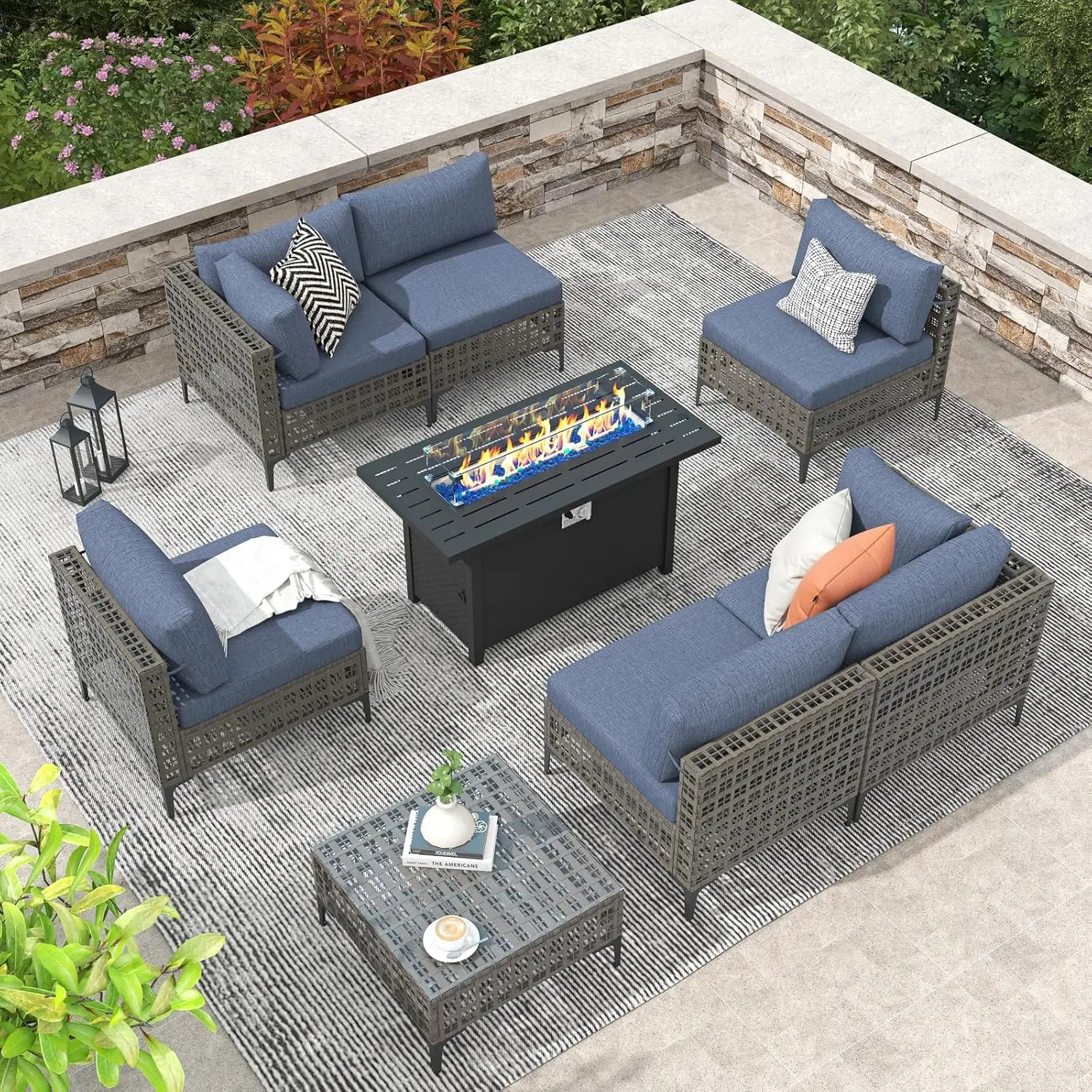 

8PC PE Rattan Patio Sectional Sofa 45in 50000BTU Fire Pit Wind Guard Cover Water Cushion Outdoor Customized