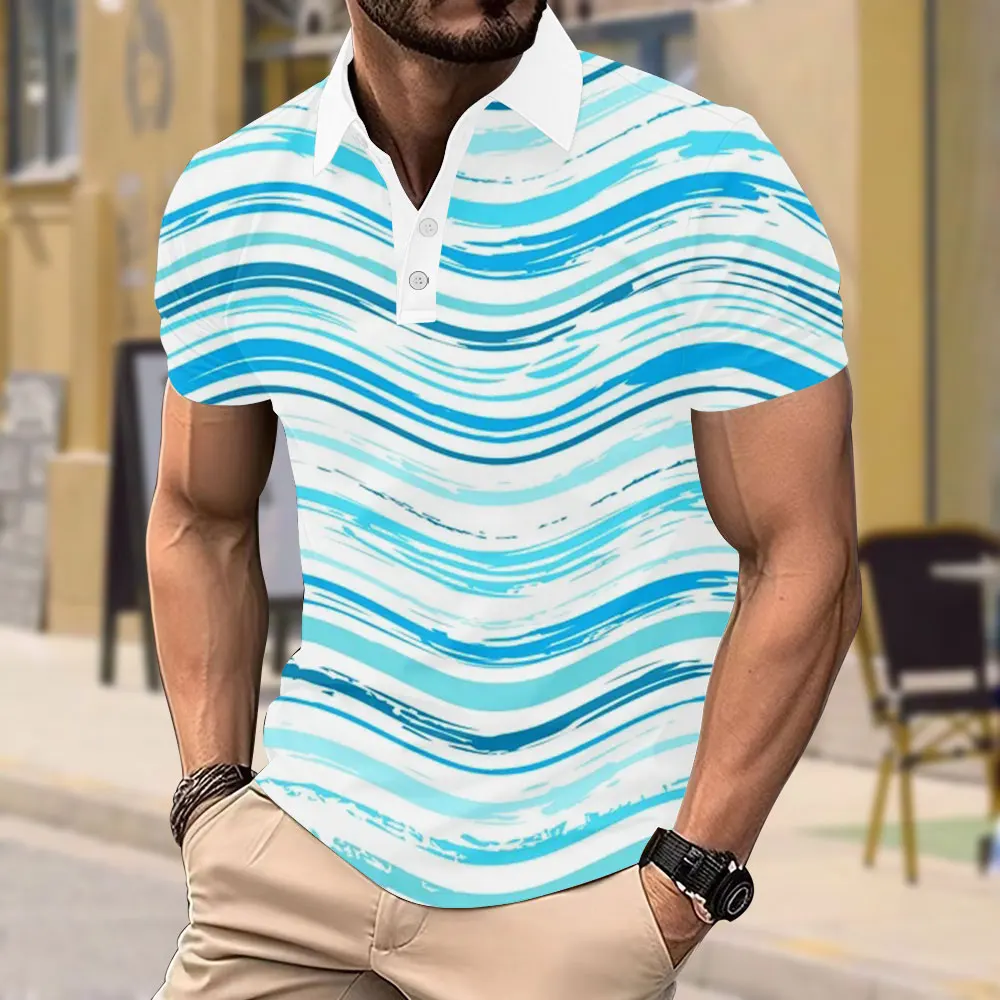 Men's Striped Short-sleeved Tees Casual Button-down Top Lapel Men's Printed Short-sleeved Slightly Elastic Breathable Polo Shirt