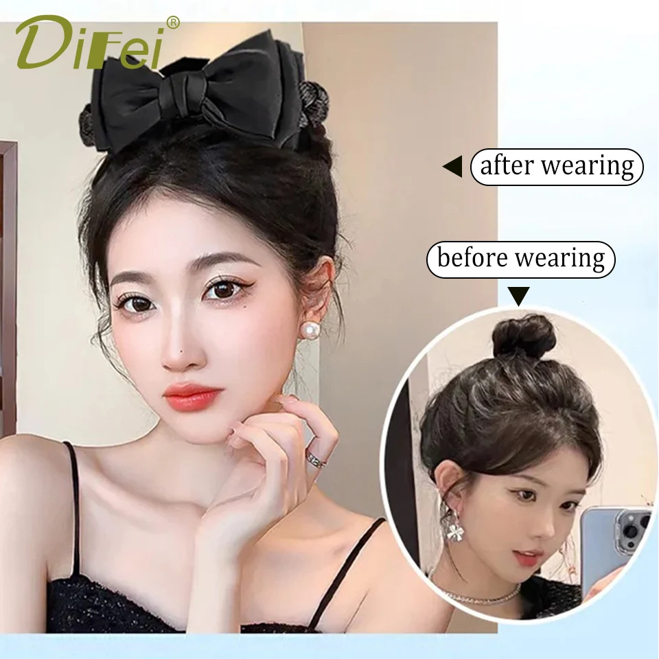 DIFEI Bow Claw Clip Synthetic Wig Female Bow Elegant Princess Wind Bun Wig Clip Integrated Style Princess Wig Bun