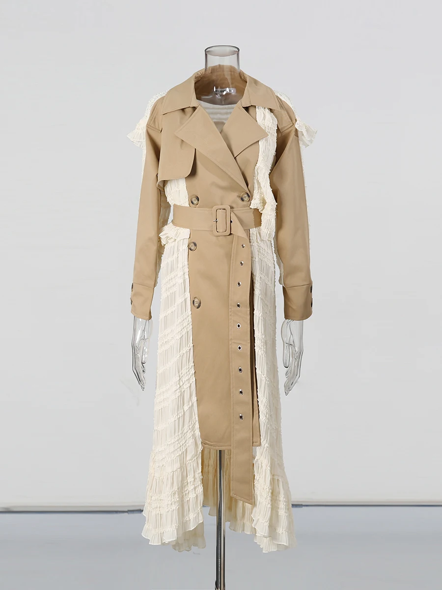 TWOTWINSTYLE Colorblock Casual Long Trenches For Women Lapel Long Sleeve Patchwork Button Long Coats Female Fashion Style New