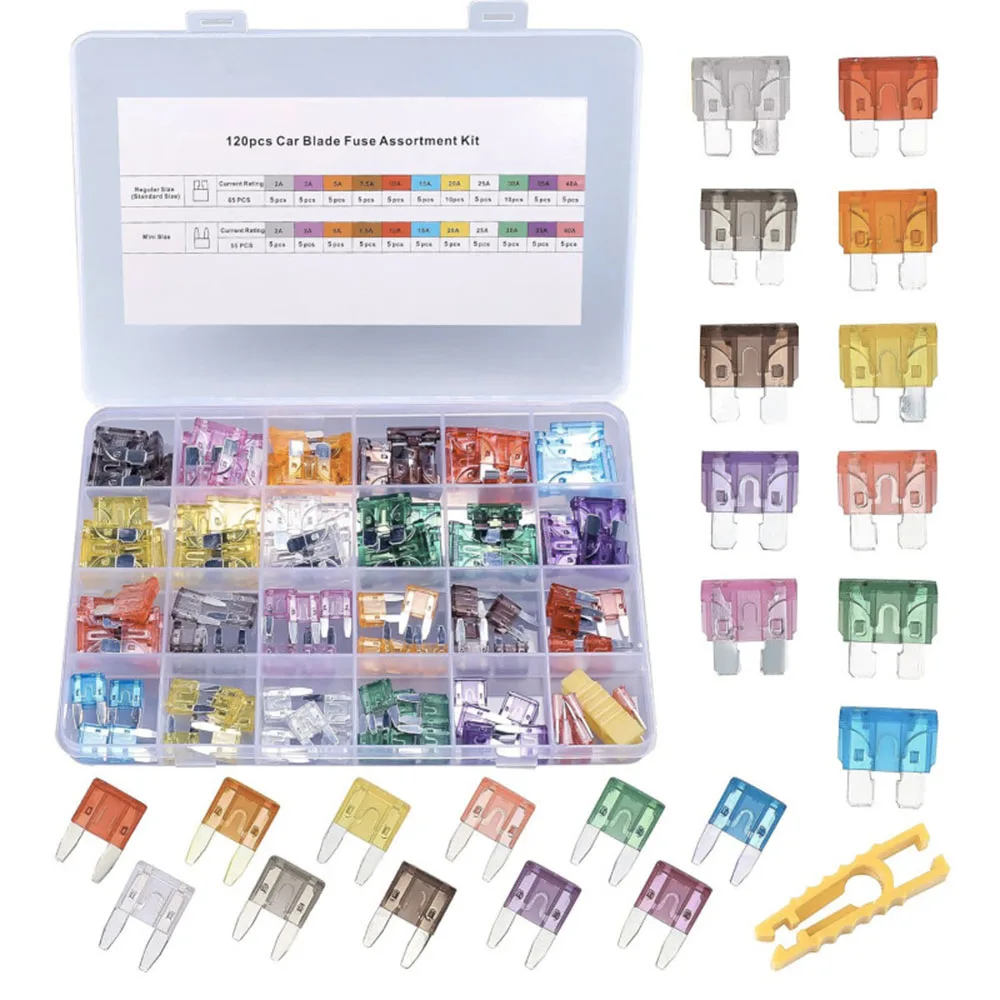 

120 Pieces Fuses Assortment Kit, Blade Type Fuses - Standard & Mini Size (2A/3A/5A/7.5A/10A/15A/ 20A/25A/30A/35A/40A)