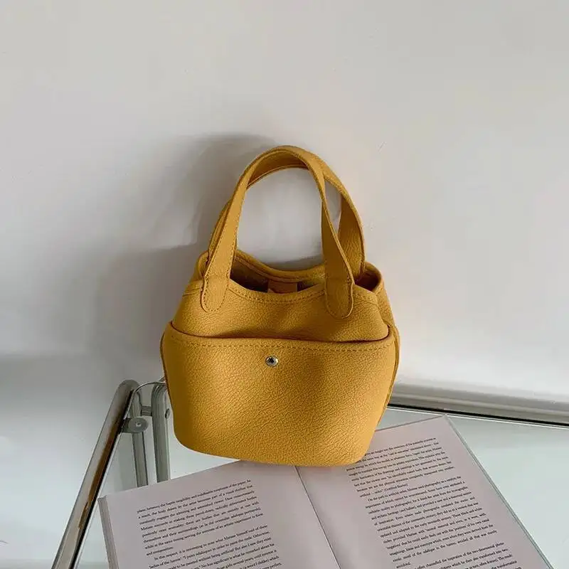 Korean Solid Color Handbag Women Minimalist Soft Leather Pebbled Texture Bucket Shoulder Ladies Casual Commute Crossbody Bag