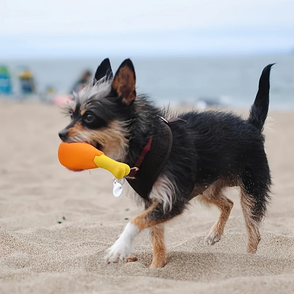 Orangefarbenes Hundespielzeug mit gelben Akzenten, bissfeste Hühnerbeinform – ungiftig, strapazierfähiges Gummi, fördert die Zahngesundheit, kaubares Spielzeug, geeignet für alle Rassen und Größen,