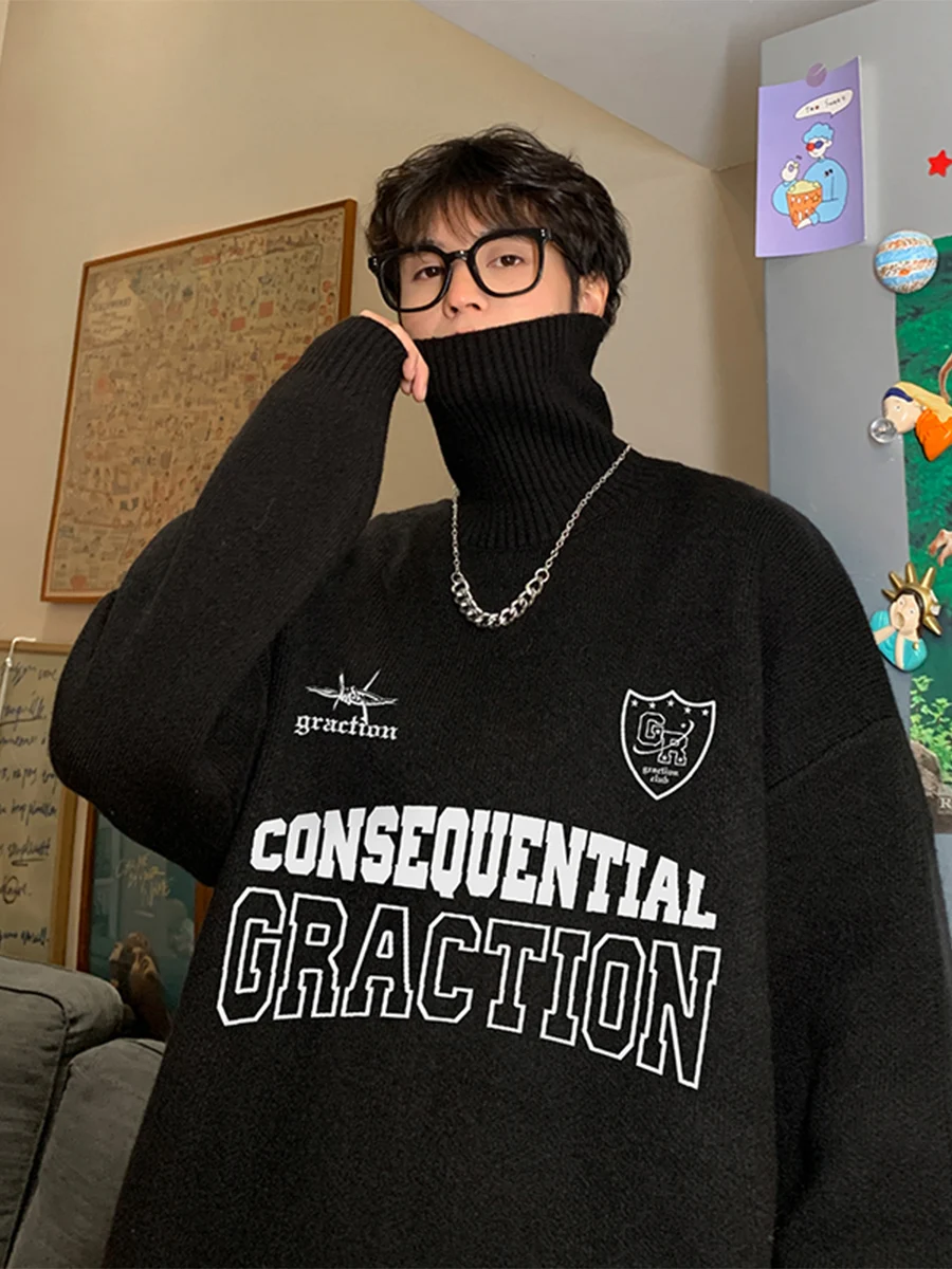 

Men's High Collar Knitted Sweater Winter Thiened Loose Fit American Retro Sle Polyester Fiber Long Sve T-irt