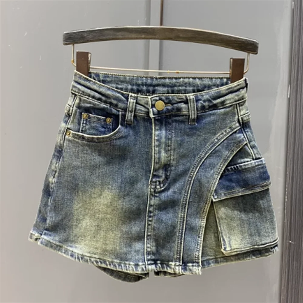 

Retro high-waisted denim shorts skirt 2023 new autumn irregular pocket slim design a-shaped wide-legged pants