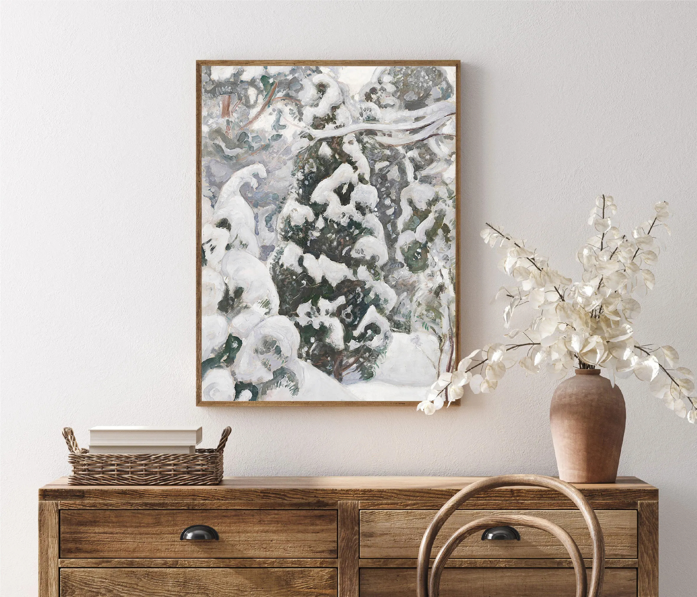 Winterliche Weihnachtsschneeszene mit Schlitten und Skifahrer - Ästhetischer Kunstdruck auf Leinwand - Poster für Wohnzimmer und Moderne Heimdekoration