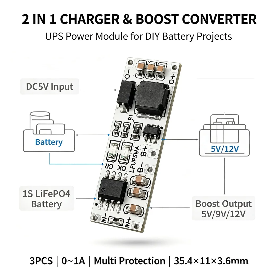 3PCS 2IN1 LiFePO4 Charger Boost Module 1S 3.2V Battery UPS Function for ESP32 Portable Solar Power Supply