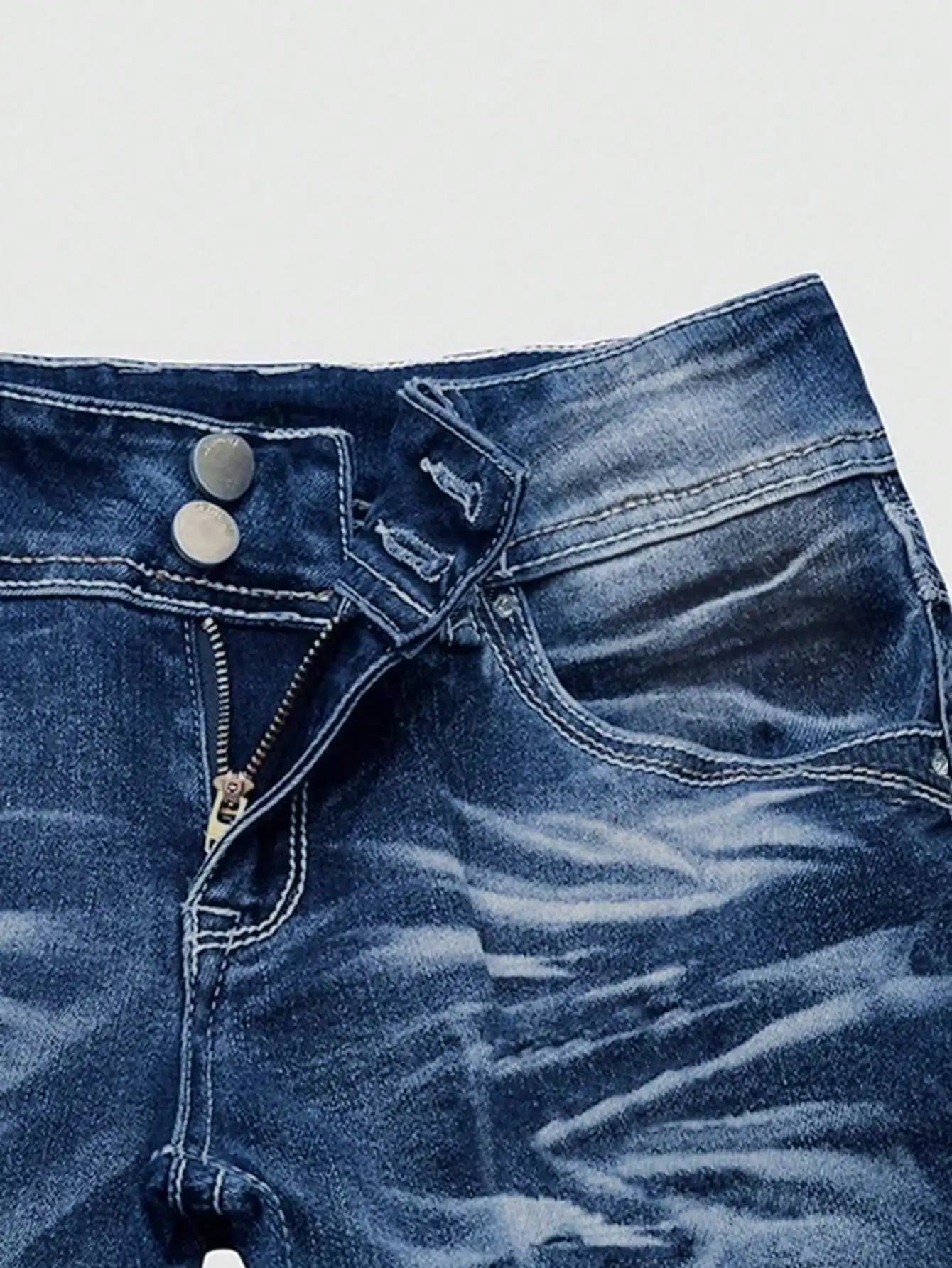 سروال دينم عالي الخصر - جينز سفلي عتيق من السبعينيات مع فتحات متعثرة وزر مزدوج وإغلاق بسحاب