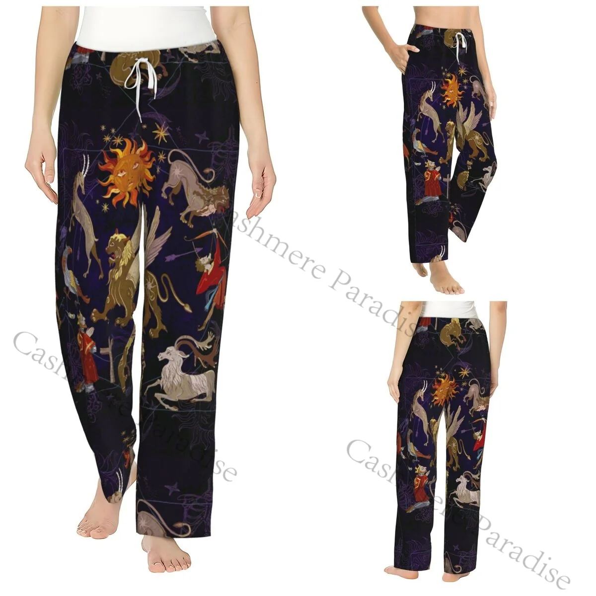 

Mystic Astrology Symbols And Animals Flannel Pajama Pants for Women Soft Warm Sleep Pants with Elastic Waistband