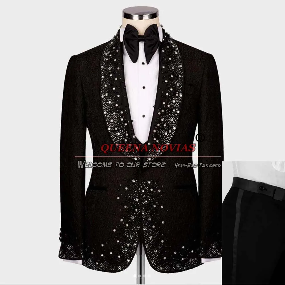 

Groom Wedding Suits For Men Shiny Crystals Beaded Floral Prom Blazer Bespoke Business Dinner Tuxedos Fatos Para Homens Casamento