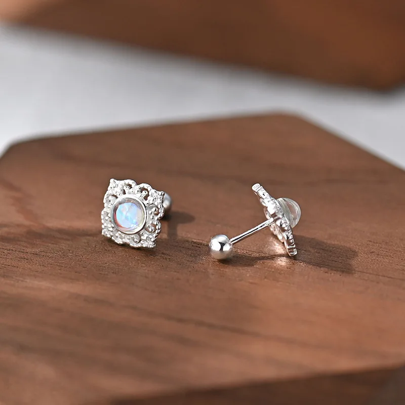 

925 Silver Plated Moonstone Screw Stud Earrings For Women Girls Birthday Party Jewelry Gift e1054