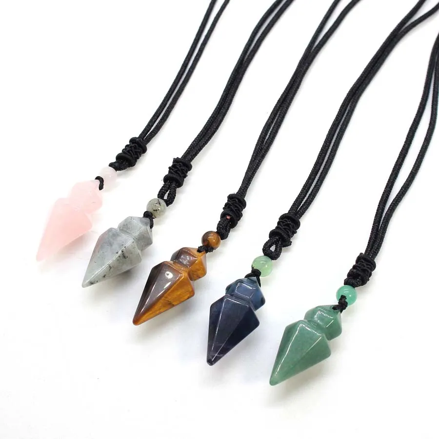 Crystal Hexagonal Pyramid Stone Pendant Necklace For Women Natural Amethyst Rose Quartz Labradorite Black Rope Chain Jewelry