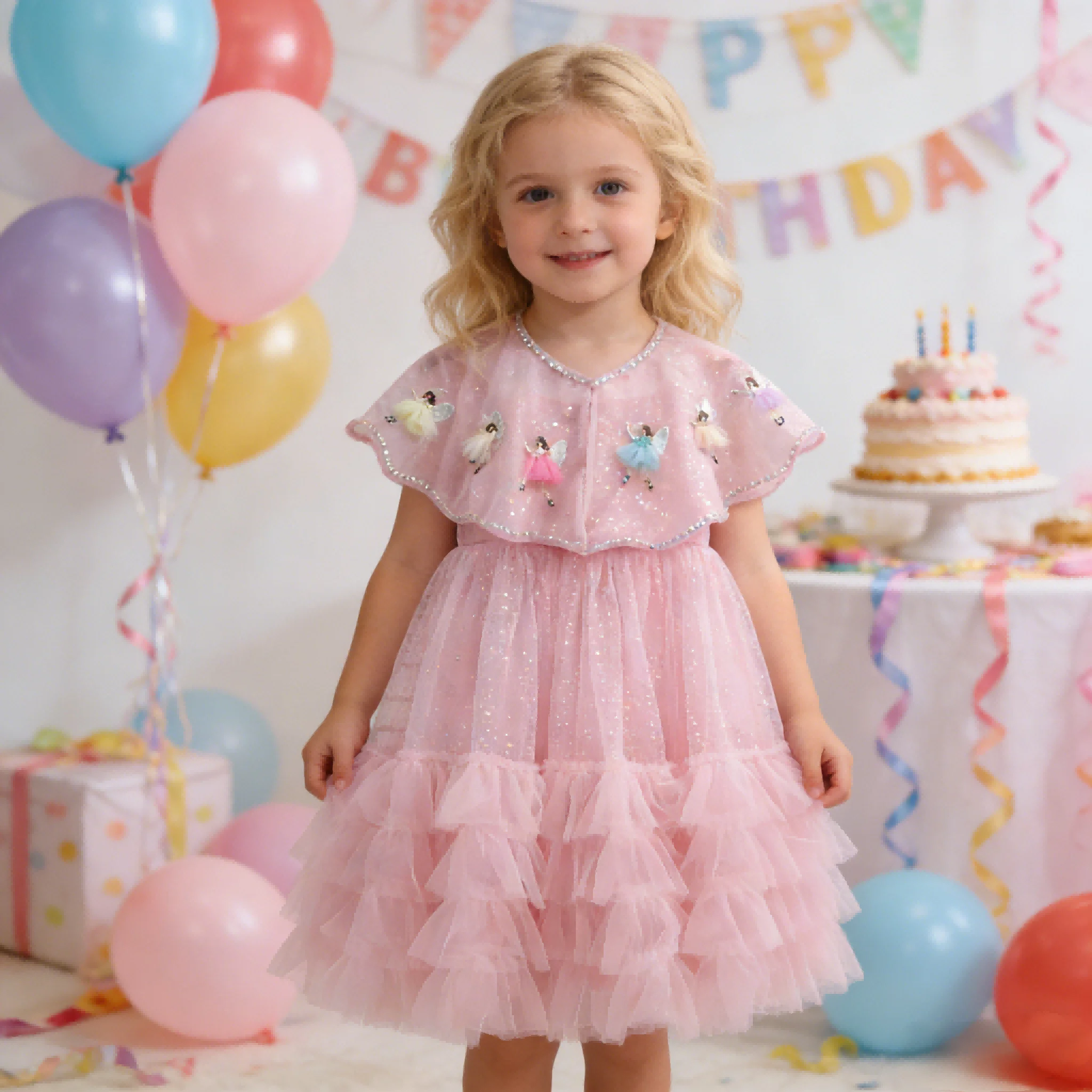 Girls Cake Layered Dress Children Spaghetti Strap Tulle Gown with Celebration Dresses Costume Shawl Cape Party Pageant Formal