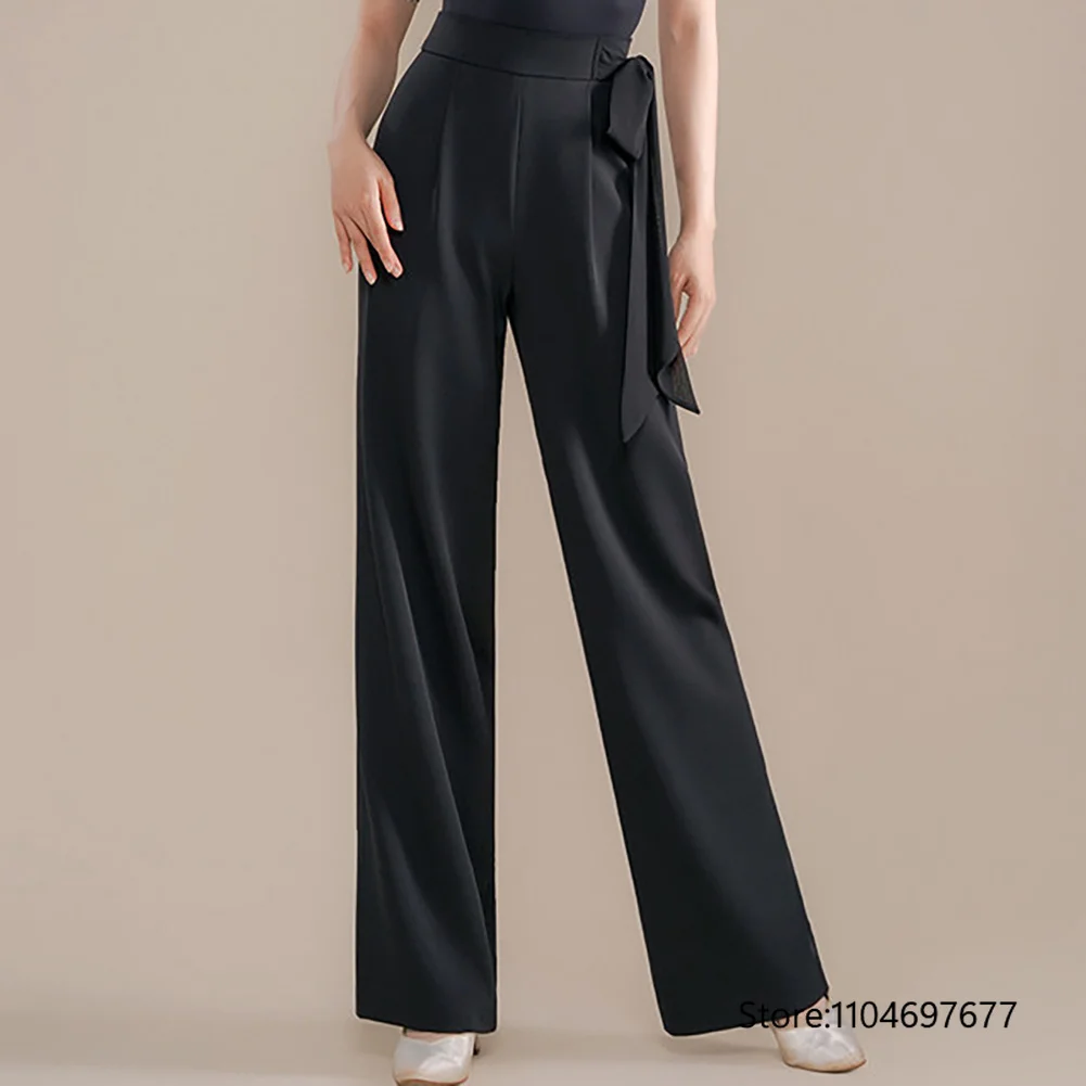Women's Ballroom Dance Straight Leg Pants Standard Quick Step Pants Black New Brown High Waist  White Tango Latin Pants