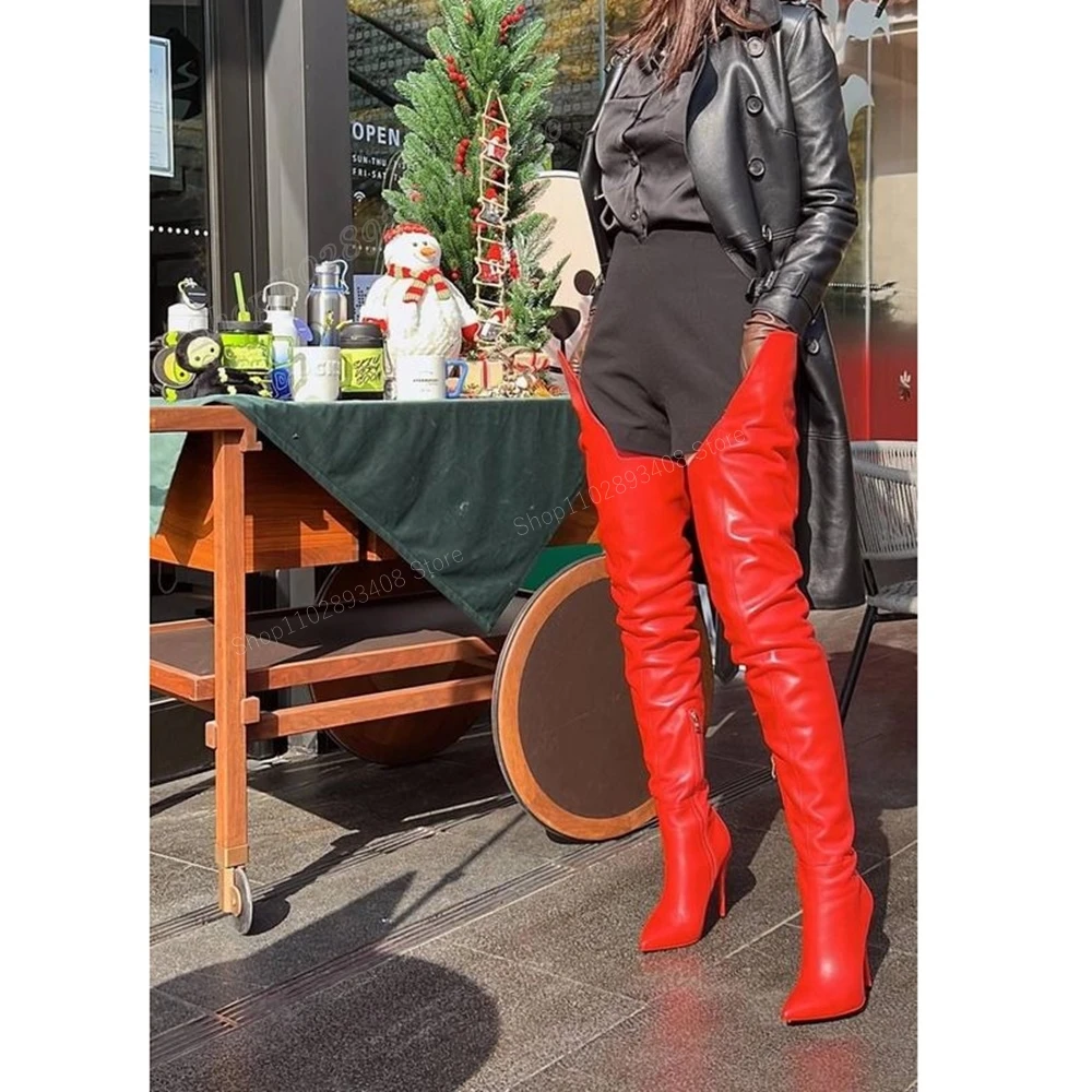 Wine Red Matte Leather Thigh High Boots Pointed Toe Stiletto High Heel Side Zipper Women Shoes 2024 Sexy Zapatos Para Mujere