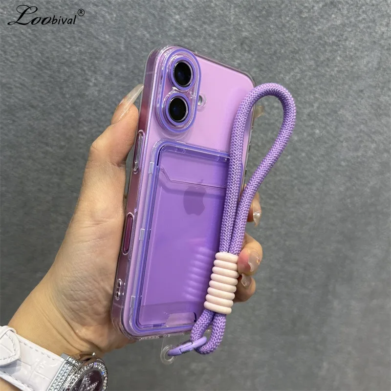 Kartenhalter Handgelenkschlaufe Transparente Hülle für iPhone 16 15 Pro Max 14 Plus 13 12 11 Brieftasche Lanyard Zweifarbige Weiche Schutzhülle
