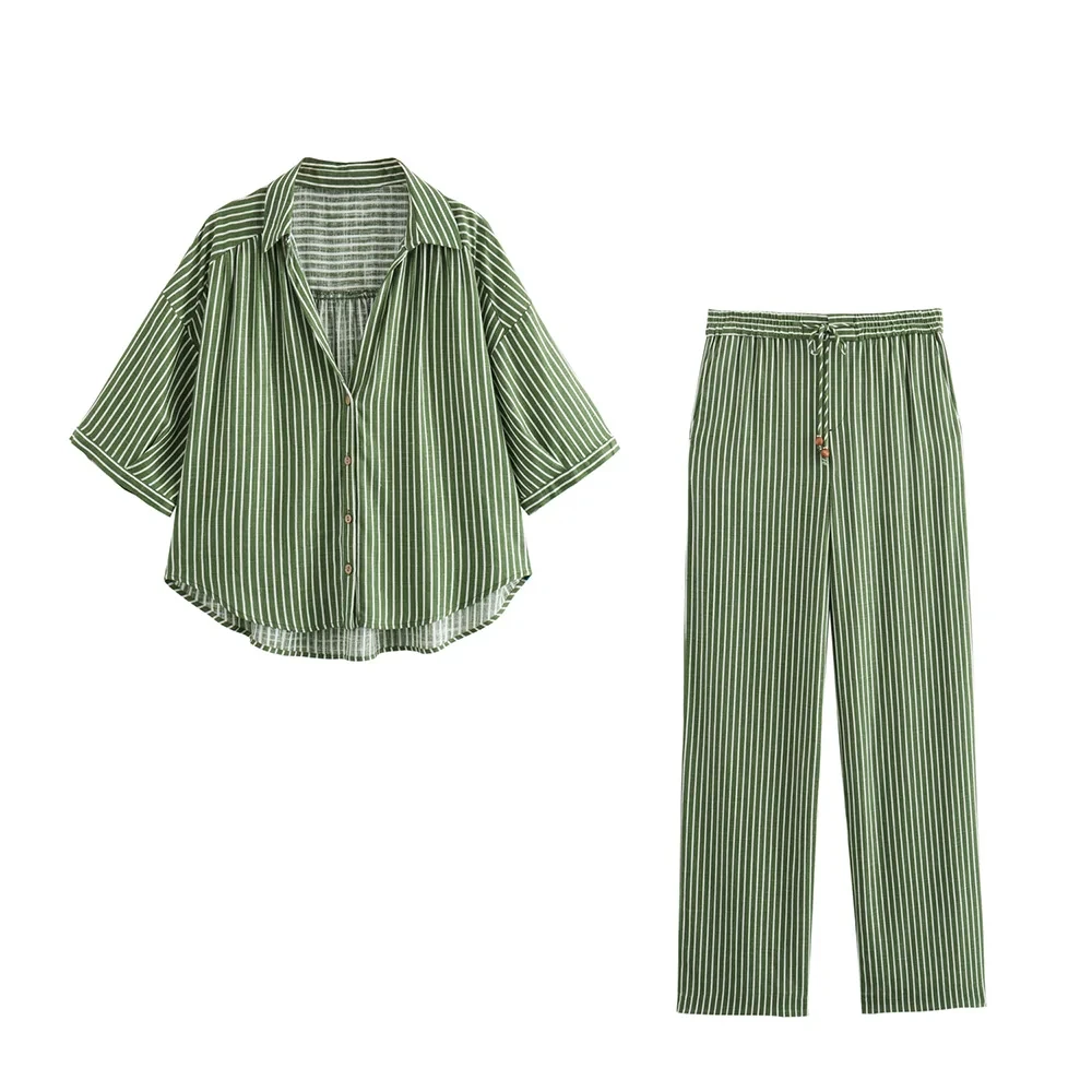 Green Striped Pajamas Sets For Women Loose Shirt And Wide Leg Trousers Loungewear Womens 2 Piece Outfit Set Casual Sleepwear