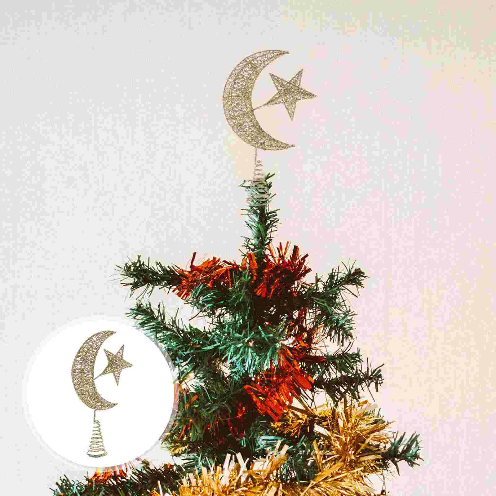 

Christmas Tree Top Star Felt Party Topper Moon Glitter Decor Wrought Iron Ornament Indoor Decoration