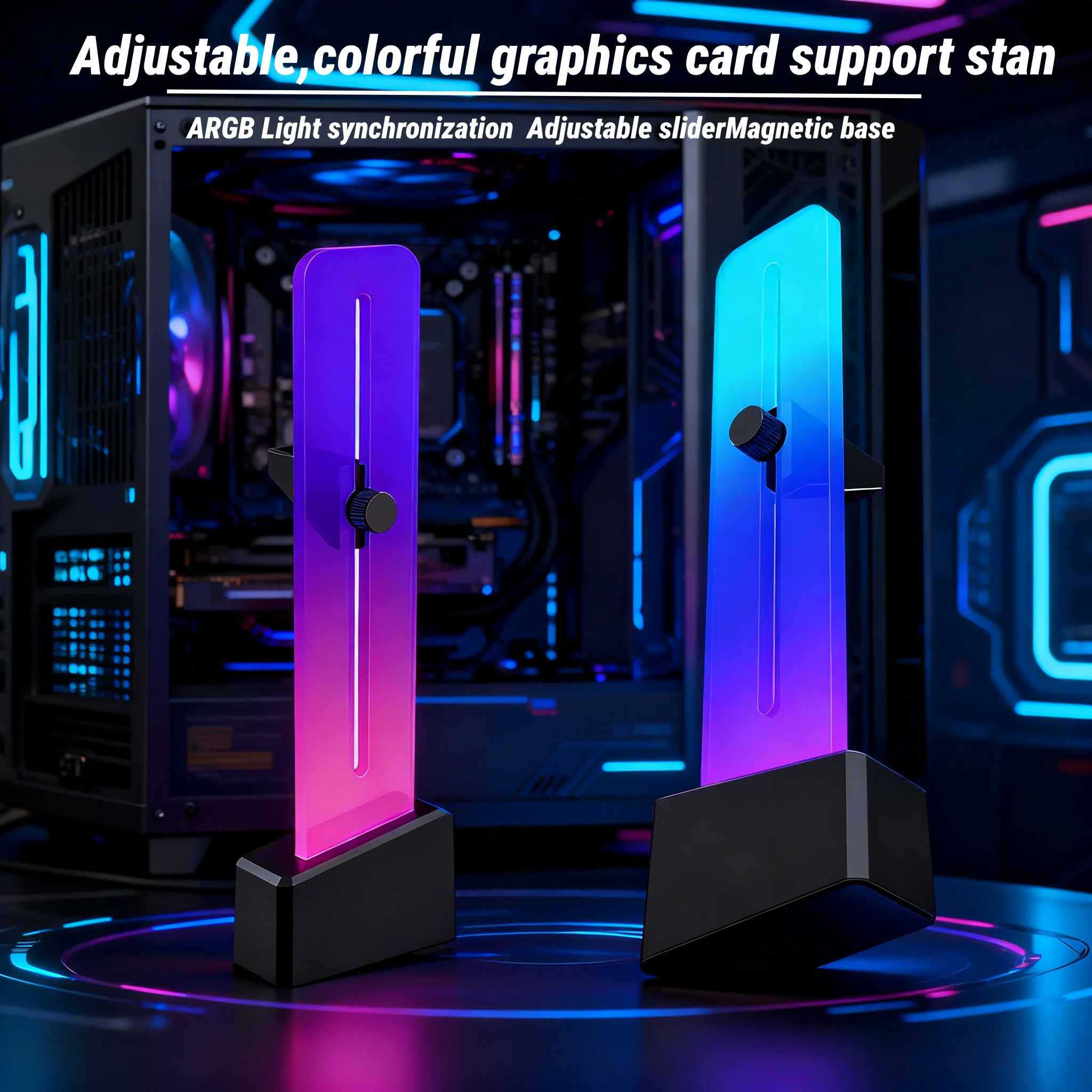 

5V 3-pin ARGB lighting synchronization graphics card stand supports height adjustment and has a magnetic base at the bottom