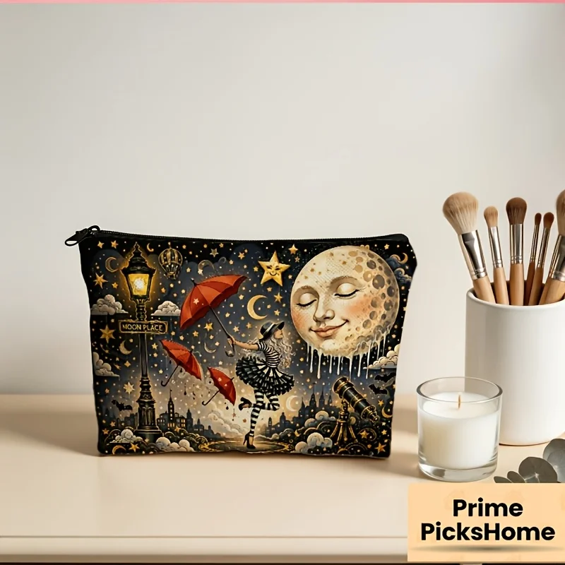 Moonlit Street Scene And Closed-Eyed Smile Full Moon, Red Umbrella Girl Streetlight And MOON PLA Sign Combination Makeup Bag,