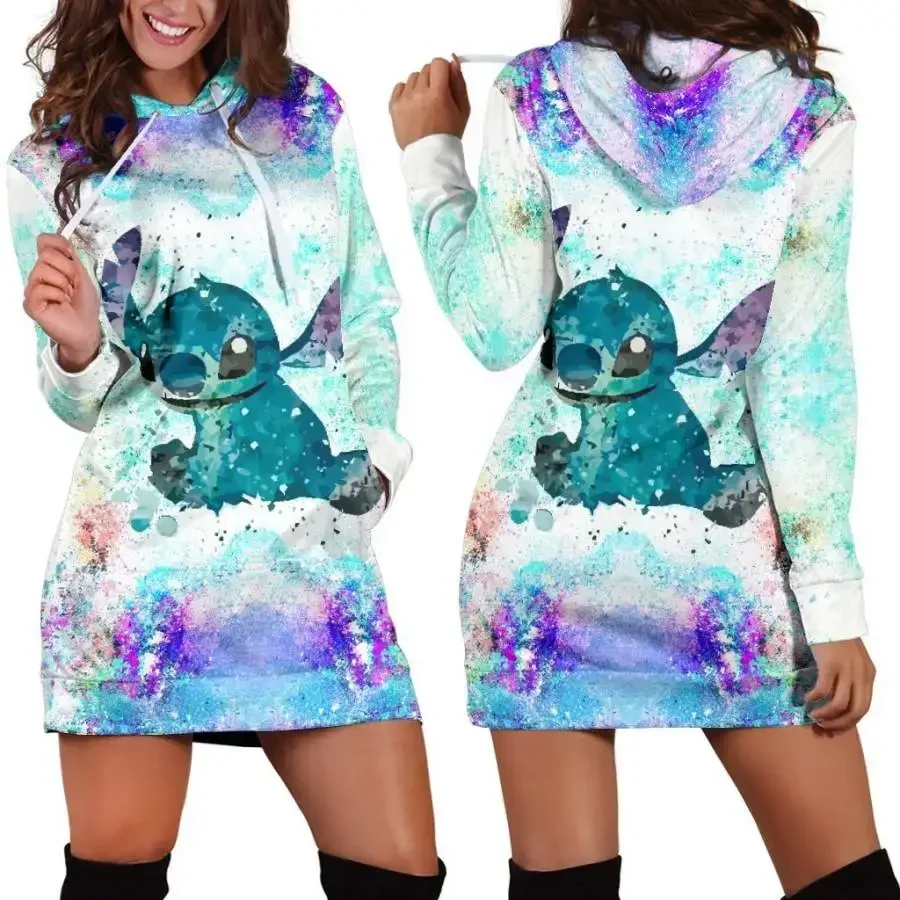 2024 New Disney Stitch Hoodie Dress Sweater Fashion Disney Dress Sweatshirt Dress 3d Allover Printed Hoodie for Women