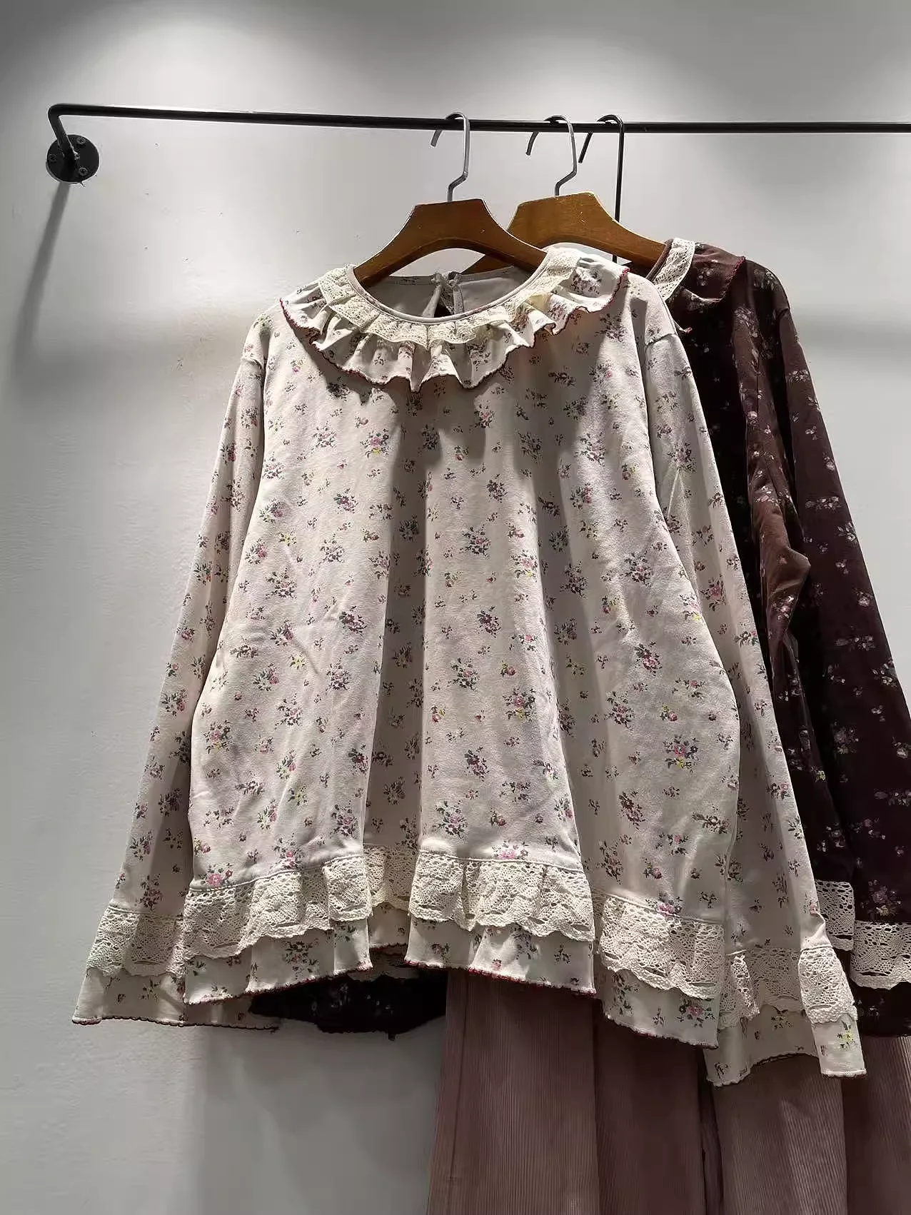 

Sweet Lolita Clothing Mori Girl Autumn Winter Japan Style Lace Collar Print Patchwork Shirt Long Sleeve Tops Cute Clothes