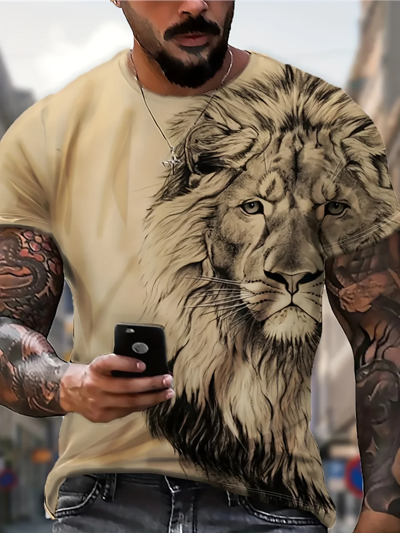 

Plus Size Men's Lion Graphic Tees Comfy Stretch Summer T-shirts Street Casual Style Tops Loose Oversized New Clothes For Men