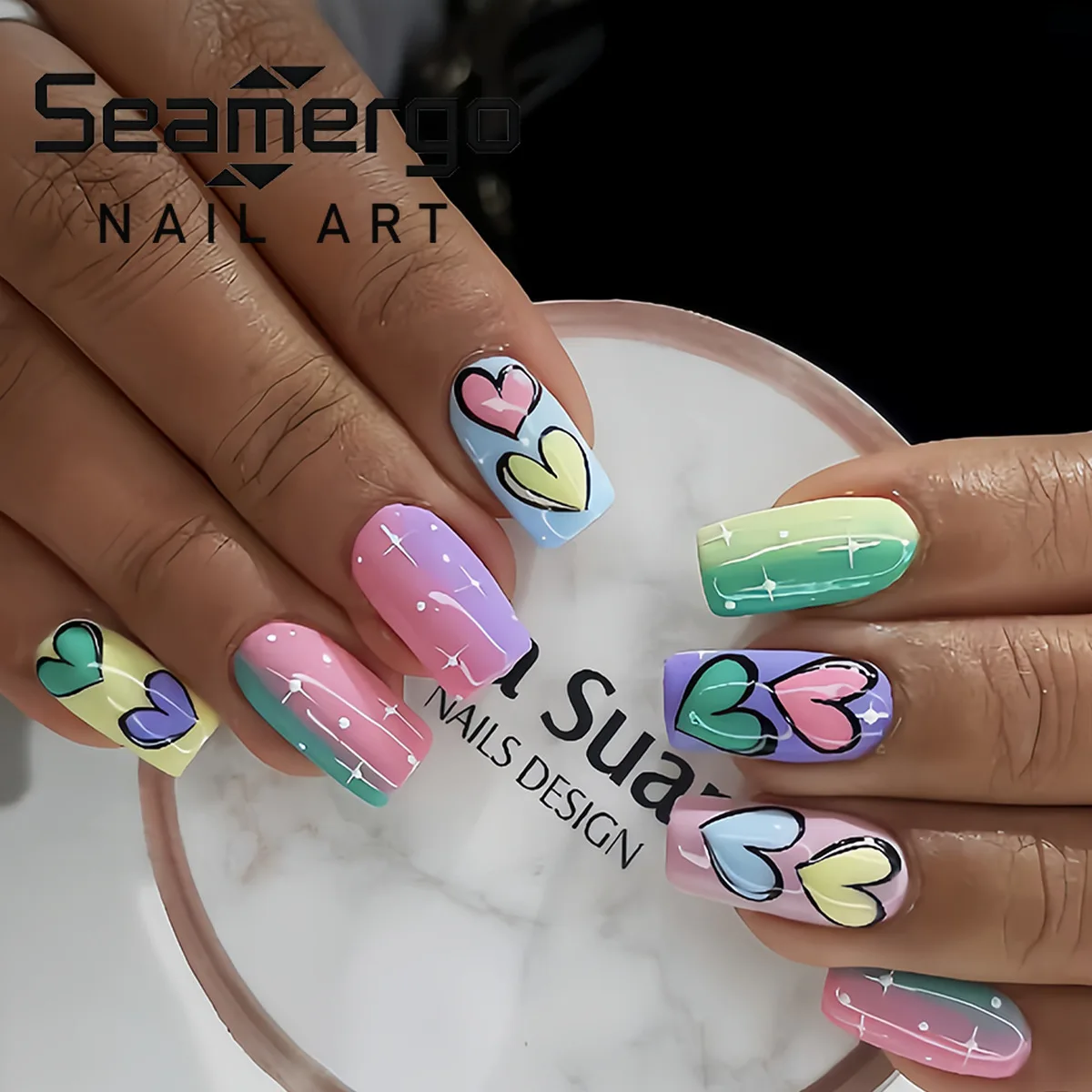 

24 шт. коротких квадратных накладных ногтей с мультяшными сердечками, в стиле Y2K, цвета макарон, полное покрытие, накладные ногти, милые, съемные, яркие, искусственные ногти