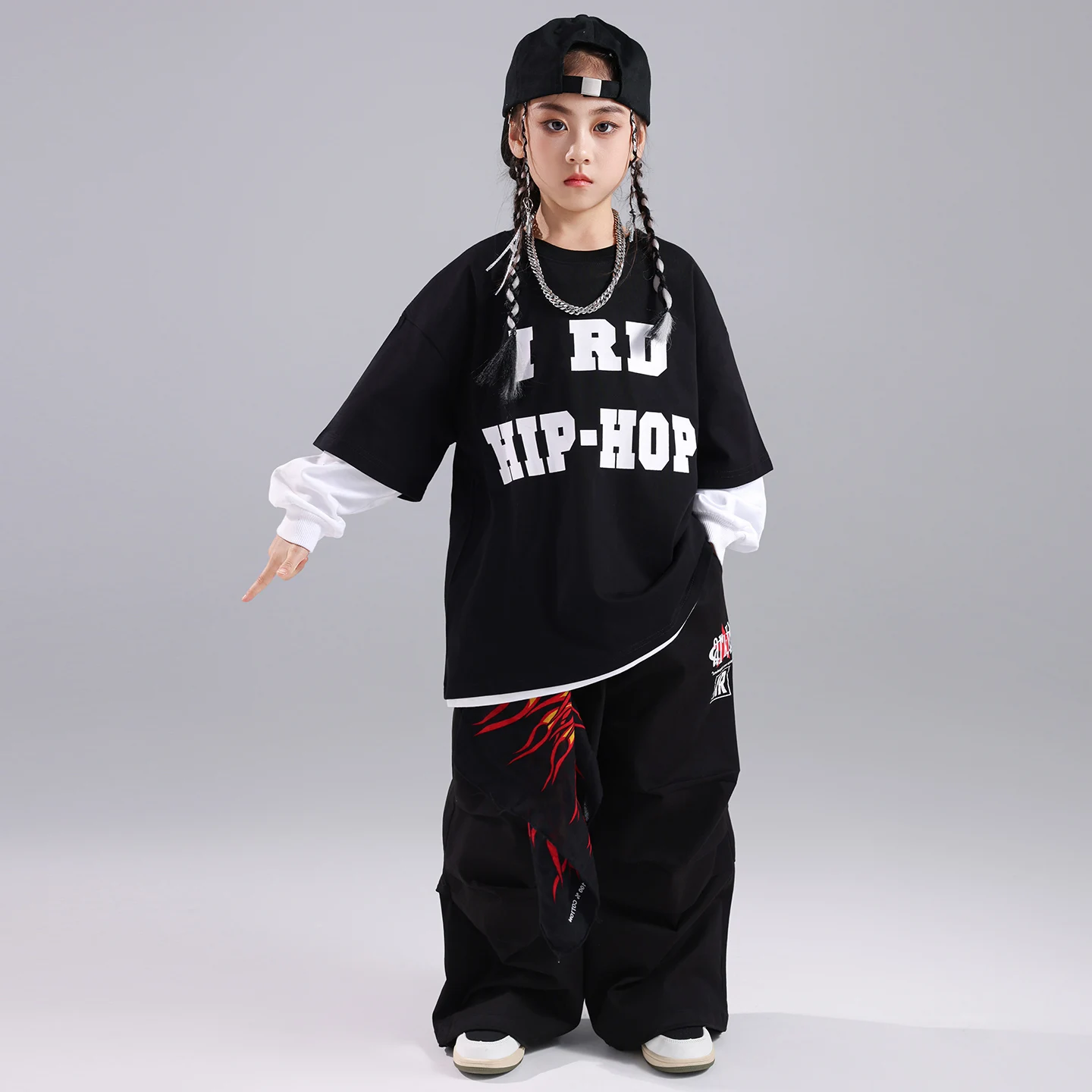 新しい子供社交ヒップホップダンス衣装女の子のためのルーズシャツ黒パンツストリートウェア男の子ジャズパフォーマンススーツ DQS21217