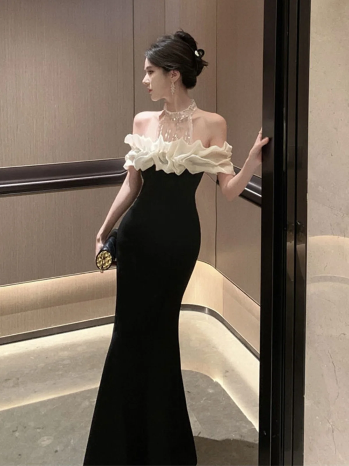 

Elegant Velvet One-Shoulder Dress Guangzhou Thirteenth Factory High-End Fashionable Birthday Party Evening Ball Gown
