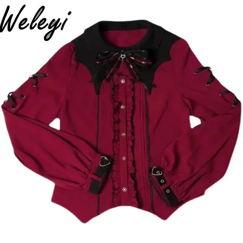 Y2k Wine Red Long Short Sleeve Shirts Ropa Mujer Halloween Blood Sucking Ji Sweet Blouses Cool Mine Style Bat Lace Collar Tops