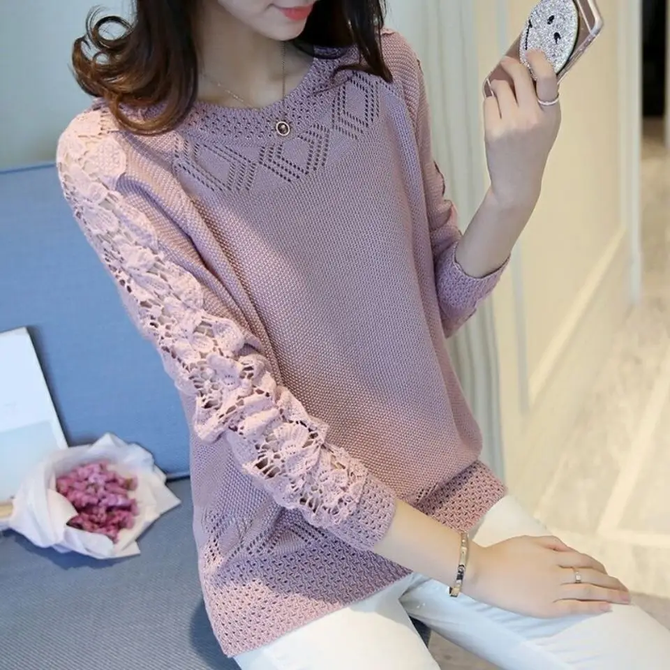 Fashion O-Neck Loose Lace Hollow Out Knitted Sweater Female Clothing 2023 Autumn Winter New Casual Pullovers All-match Tops