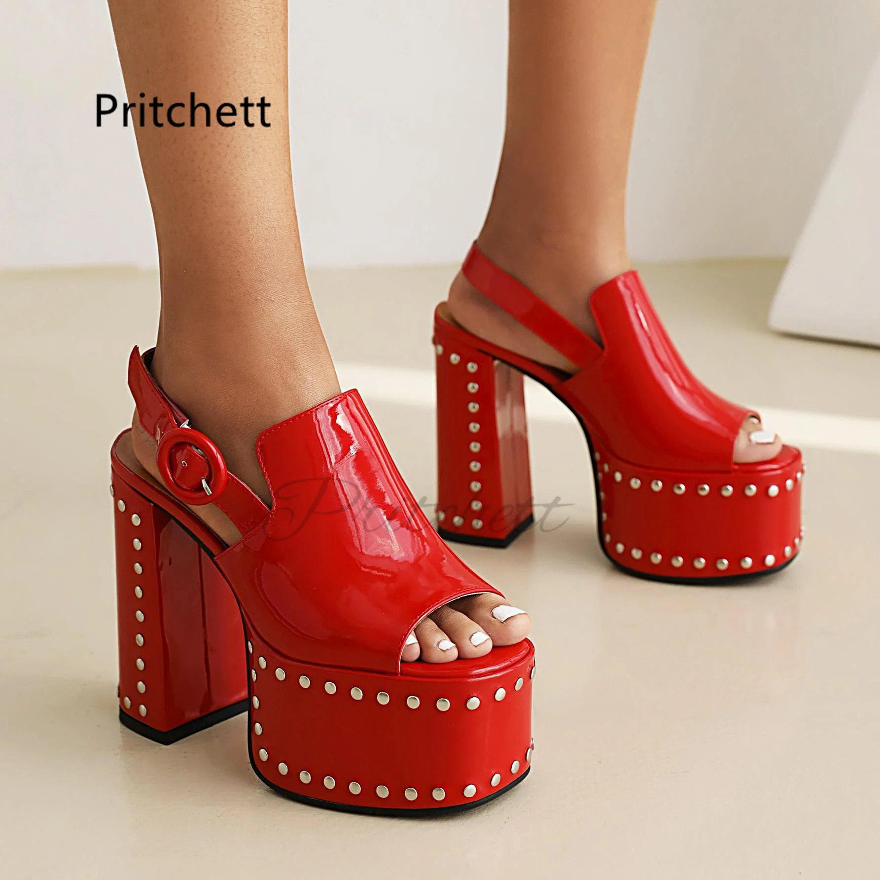 Rivet Chunky High Heels Women's Sandals Red White Black Patent Leather Peep Toe Platform Shoes Summer Fashion Party Banquet Shoe