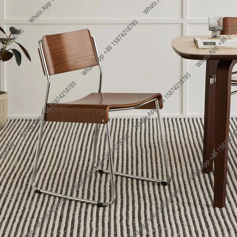 Dining chair medieval retro style solid wood backrest can be stacked walnut color home light luxury high-end dining stool