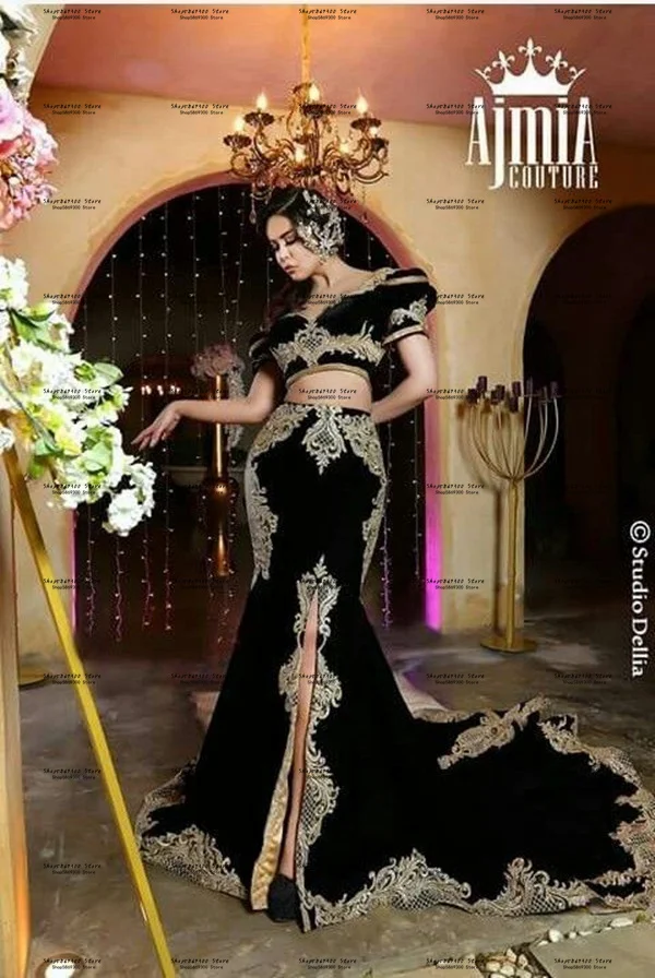 Tarayoun TunisianTraditional Prom Dresses with Detachable Train Black Two Pieces Arabic Gold Lace Embroidery Evening Gown