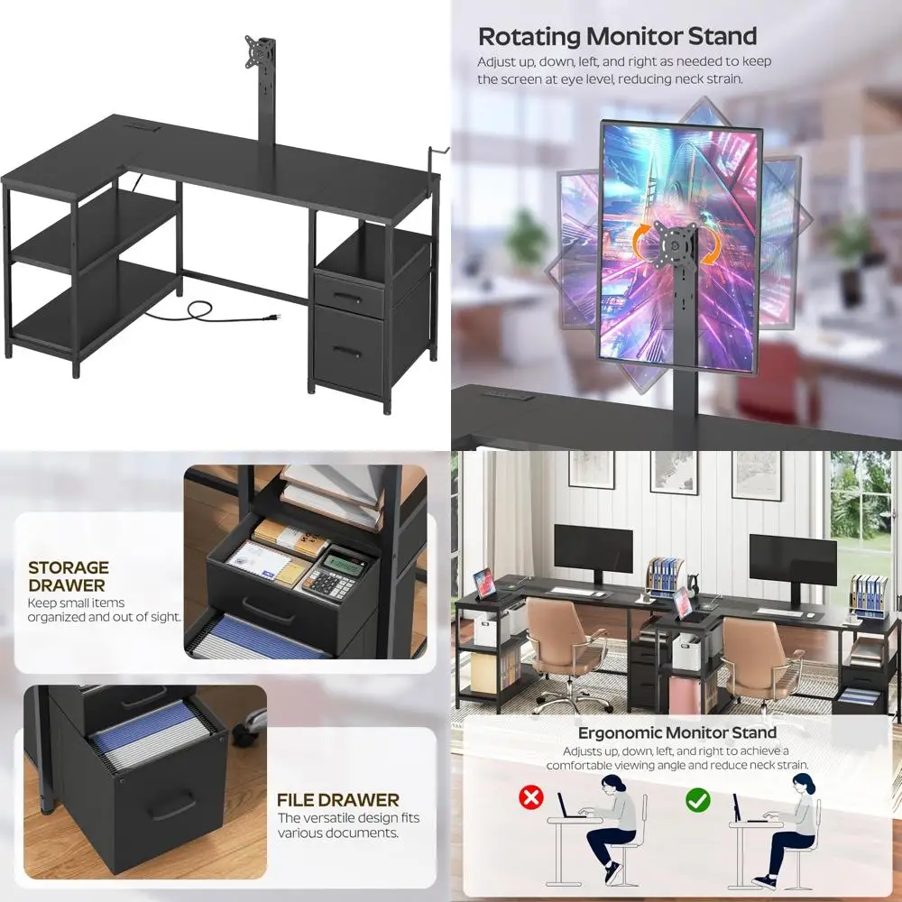 

Adjustable Monitor Stand L-Shaped Gaming Desk with Fabric Drawers, Power Outlets, and File Storage for Office Efficiency