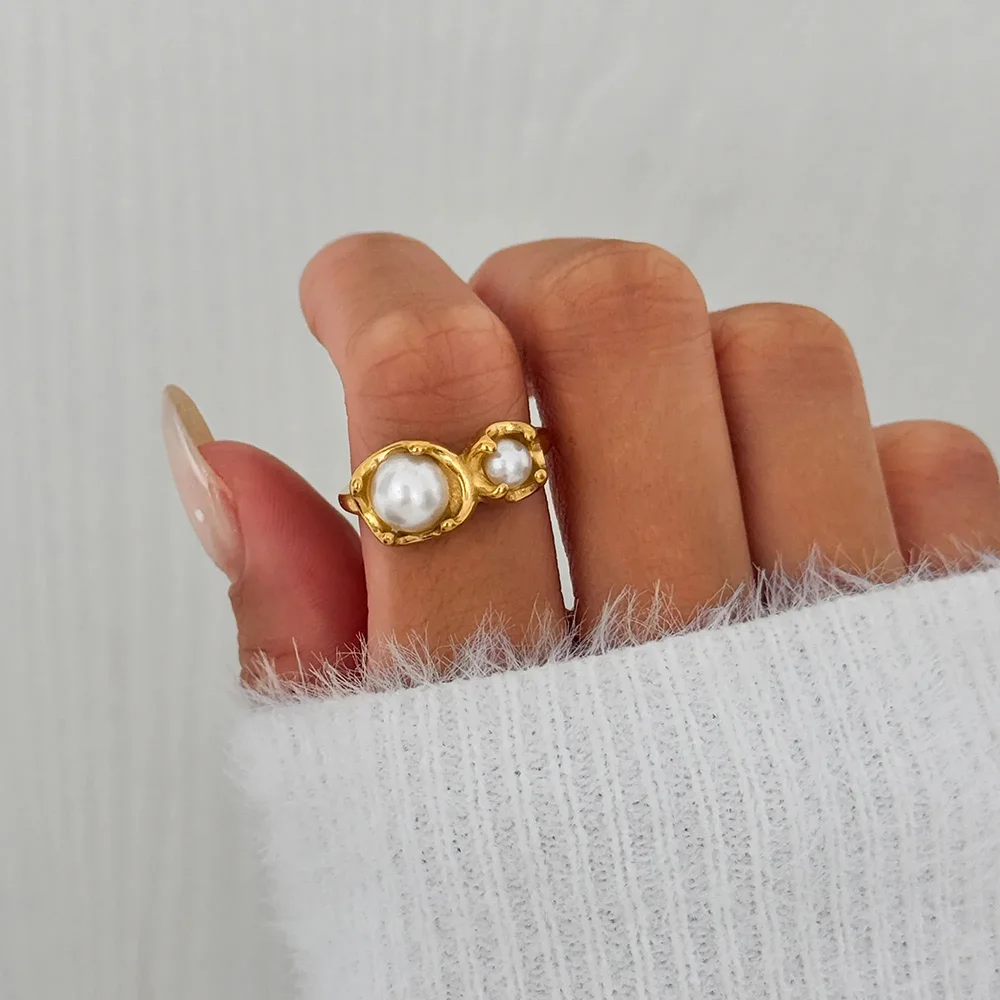 Double pearl flower rings for women simple dainty rings minimalist elegant stainless steel jewelry waterproof