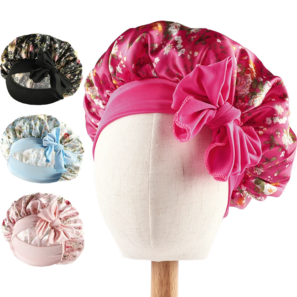 

Satin Night Sleep Cap Kids Girls Turban Wide Band Elastic Headwear Bonnet Beanie Nightcap Sleeping Hat Head Wrap Hair Care Cover