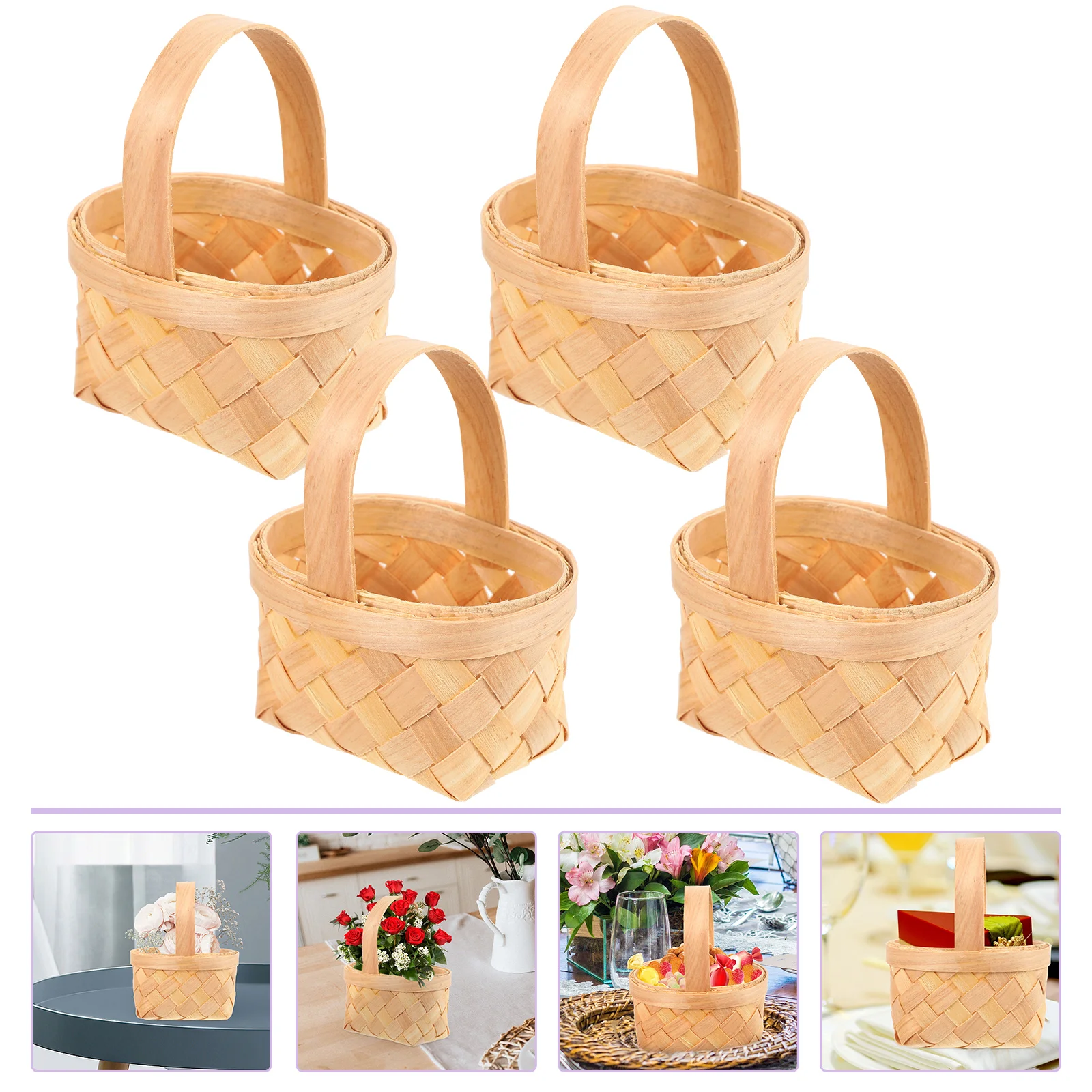 

4 Pcs Hand Woven Basket Theme Party Decoration Gift Chocolate Storage Container Wooden Flower Arrangement Wedding