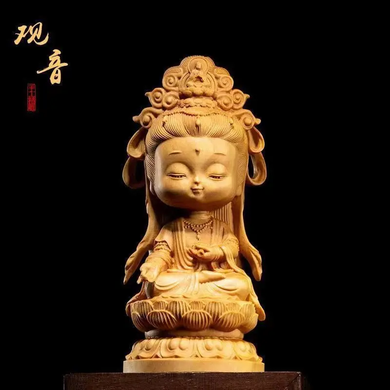 Thuja Cartoon Sitting Lotus Guanyin Solid Wood Carving Bodhisattva Wooden Crafts Wen Play Car Pendulum Home Statues Ornaments