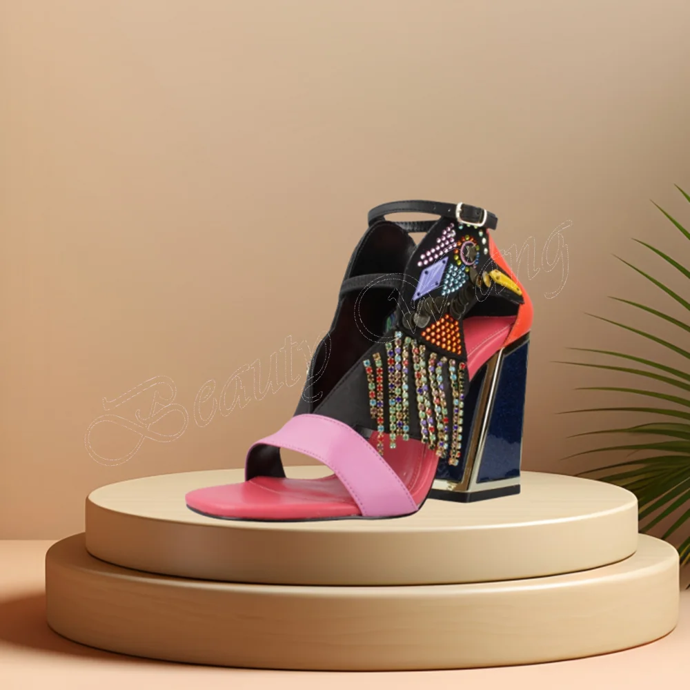 Moraima Snc Mixed Color Strange Style Sandals Open Toe Square Heel Shoes for Women High Heels Wedding Shoes Zapatillas Mujer