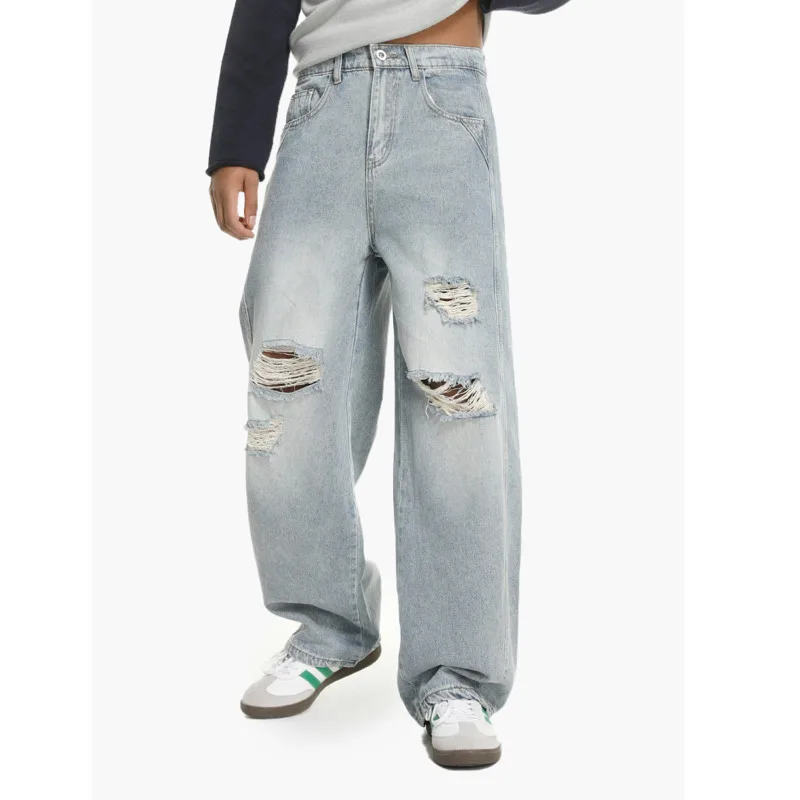 اتجاه الموضة الأمريكية الرجعية للخريف للرجال، القيام القديم، تصميم ثقب، سكين منحني، أرجل واسعة، طحن، جينز فضفاض غير رسمي #6