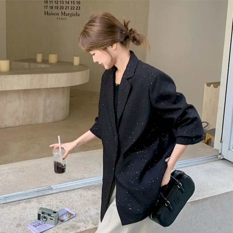 Black Suit Jacket for Women 2026 Spring Autumn Trend Thin Blazer High-end Street Style Loose Casual Coat Fashion Womens Clothing