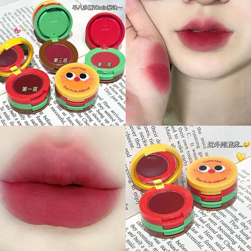 Lip Mud Soft Matte Velvet Texture Cute Burger Design Natural Brightening for School Girls Daily Makeup Lightweight
